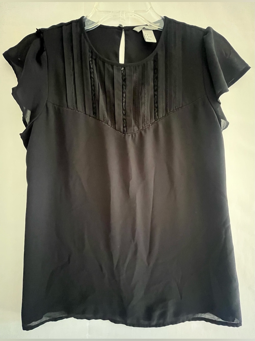 H&M Black Lace Inset Pleated Flutter Sleeve Blouse Size 8